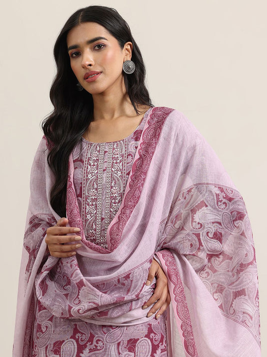 Paisley Printed Thread Work Linen Straight Kurta with Palazzos & Dupatta