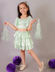 Girls Coord sets, Stylish Foil printed Ruffle sleeve Top with Tiered Skirt