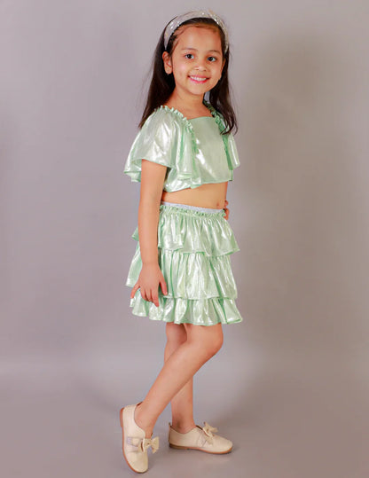 Girls Coord sets, Stylish Foil printed Ruffle sleeve Top with Tiered Skirt