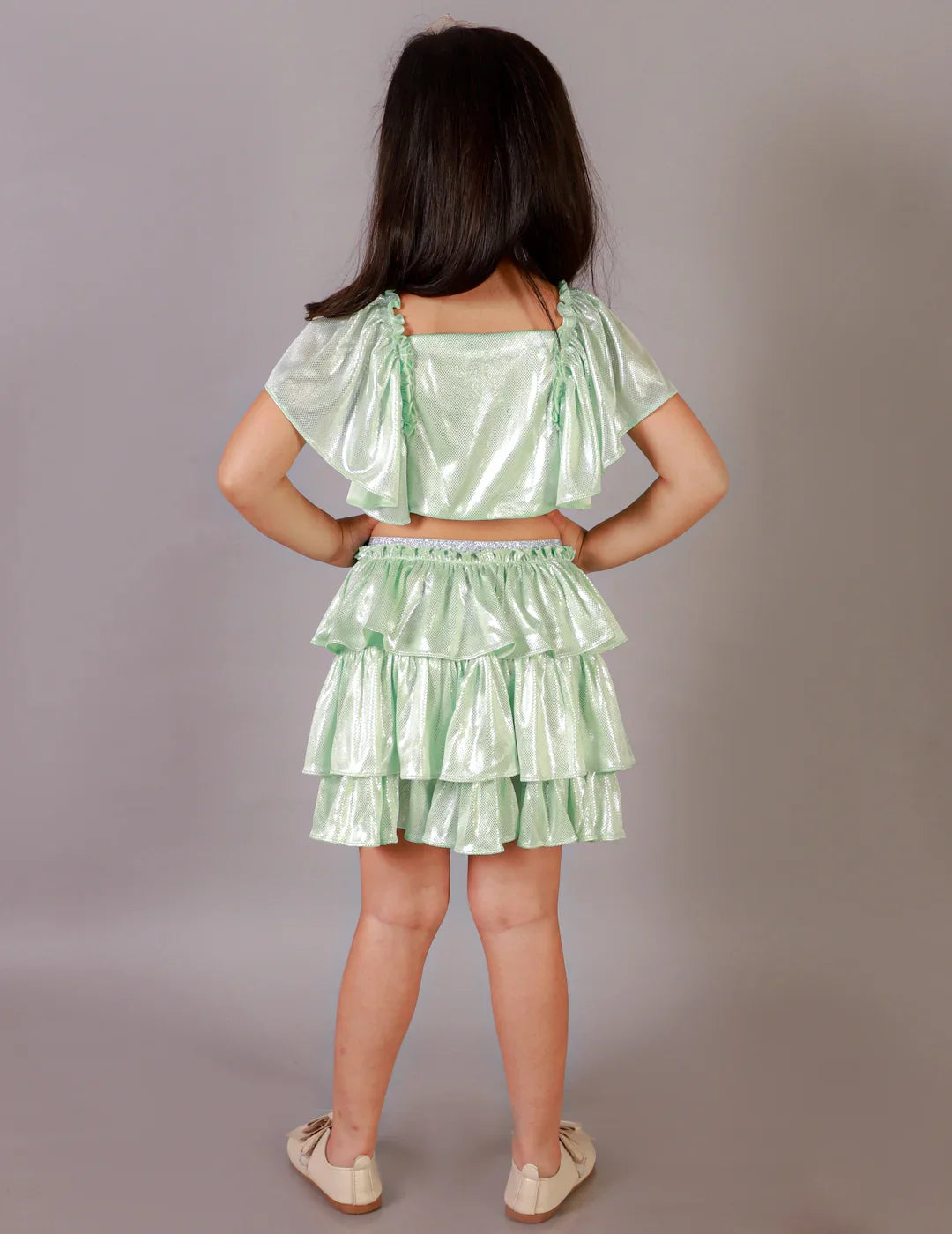 Girls Coord sets, Stylish Foil printed Ruffle sleeve Top with Tiered Skirt