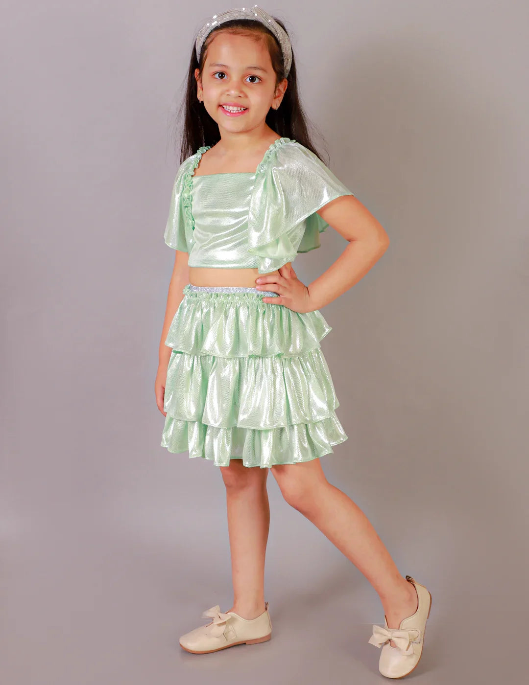 Girls Coord sets, Stylish Foil printed Ruffle sleeve Top with Tiered Skirt