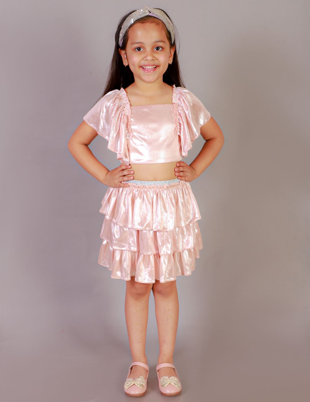 Girls Coord sets, Stylish Foil printed Ruffle sleeve Top with Tiered Skirt