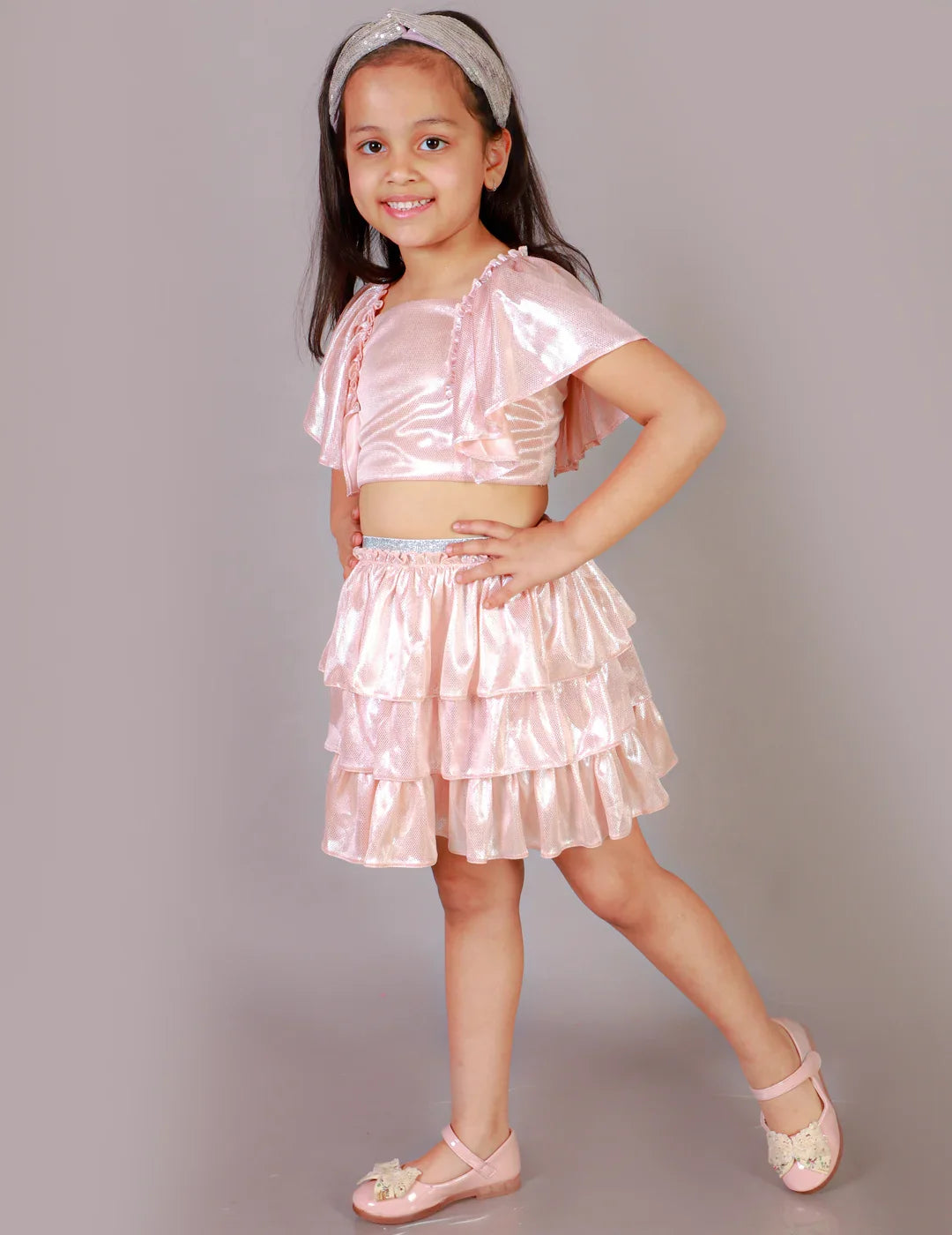 Girls Coord sets, Stylish Foil printed Ruffle sleeve Top with Tiered Skirt