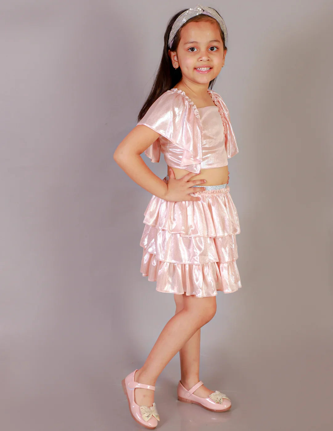 Girls Coord sets, Stylish Foil printed Ruffle sleeve Top with Tiered Skirt