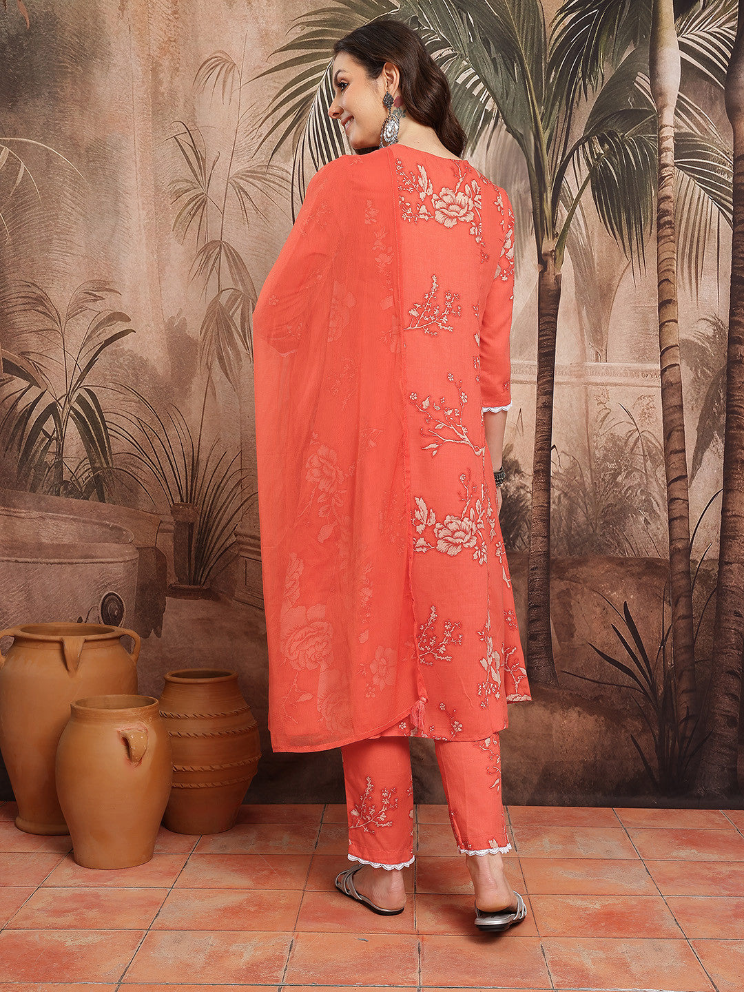 Floral Print Thread Work Kurta with Trouser & Dupatta