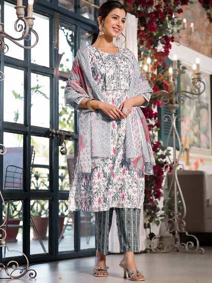 Dhiyona KL Floral Printed Regular Mirror Work Pure Cotton Kurta with Trousers & With Dupatta