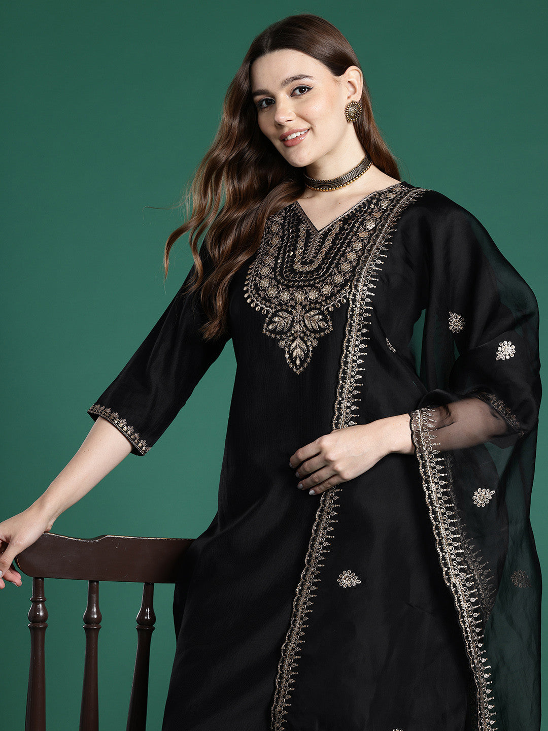 Ethnic Motifs Embroidered Liva Kurta with Trousers & With Dupatta
