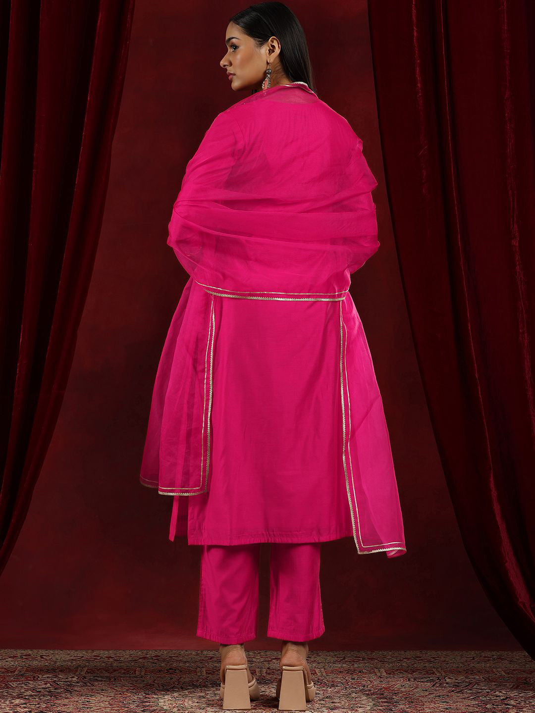 Floral Yoke Design Beads and Stones Chanderi Silk Kurta With Trousers & Dupatta