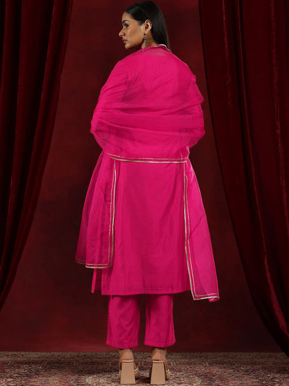 Floral Yoke Design Beads and Stones Chanderi Silk Kurta With Trousers & Dupatta