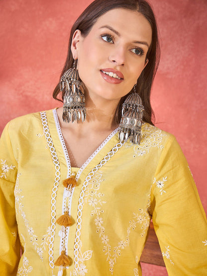Floral Embroidered Chikankari V-Neck Pure Cotton Straight Fusion Kurta With Trousers