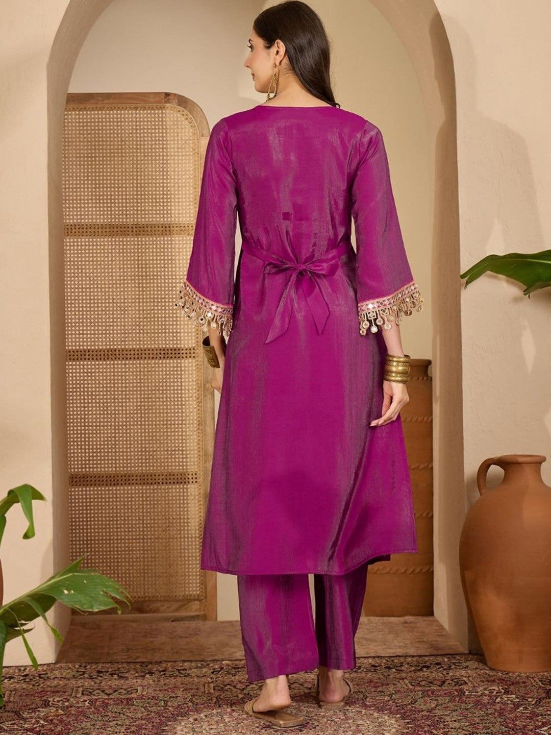 Mirror Work Embroidered Bell Sleeve Straight Kurta & Palazzo