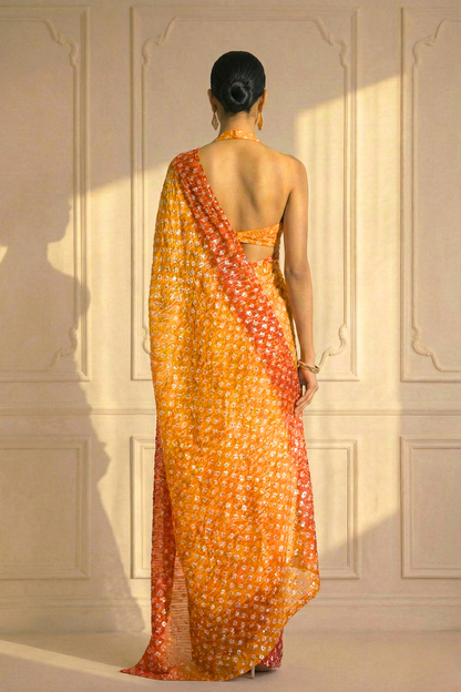 Dhiyona ST Sunset Orange and Yellow Ombre' Knitted Printed Sequin Saree with Blouse Fabric