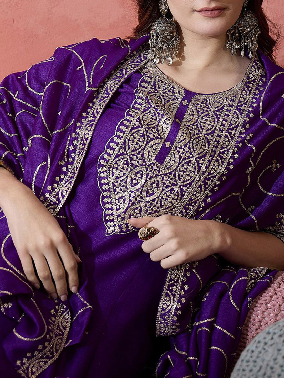 Ethnic Motifs Embroidered Round Neck Panelled A-Line Kurta With Trousers & Dupatta