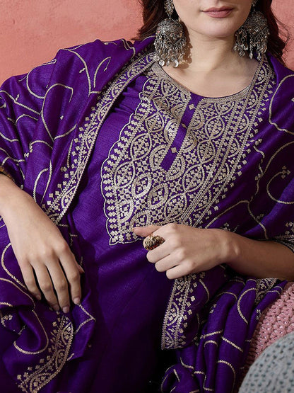 Ethnic Motifs Embroidered Round Neck Panelled A-Line Kurta With Trousers & Dupatta