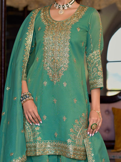 Dhiyona IE Ethnic Motifs Embroidered Sequinned Straight Kurta Palazzos With Dupatta