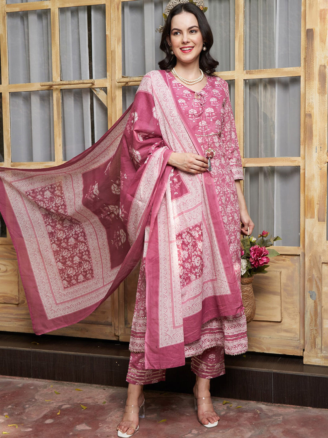 Floral Printed Sequinned Pure Cotton A-Line Kurta & Trouser With Dupatta