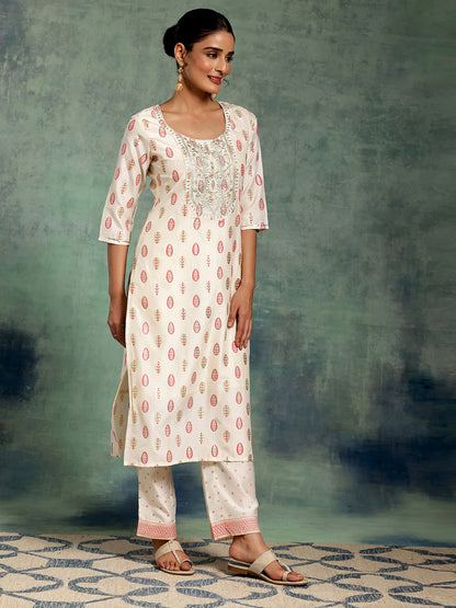 White Floral Printed Thread Work Straight Kurta With Palazzos & Dupatta
