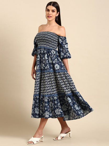 Dhiyona AY Women's Blue Floral Ethnic A-Line Cotton Midi Ethnic Dress