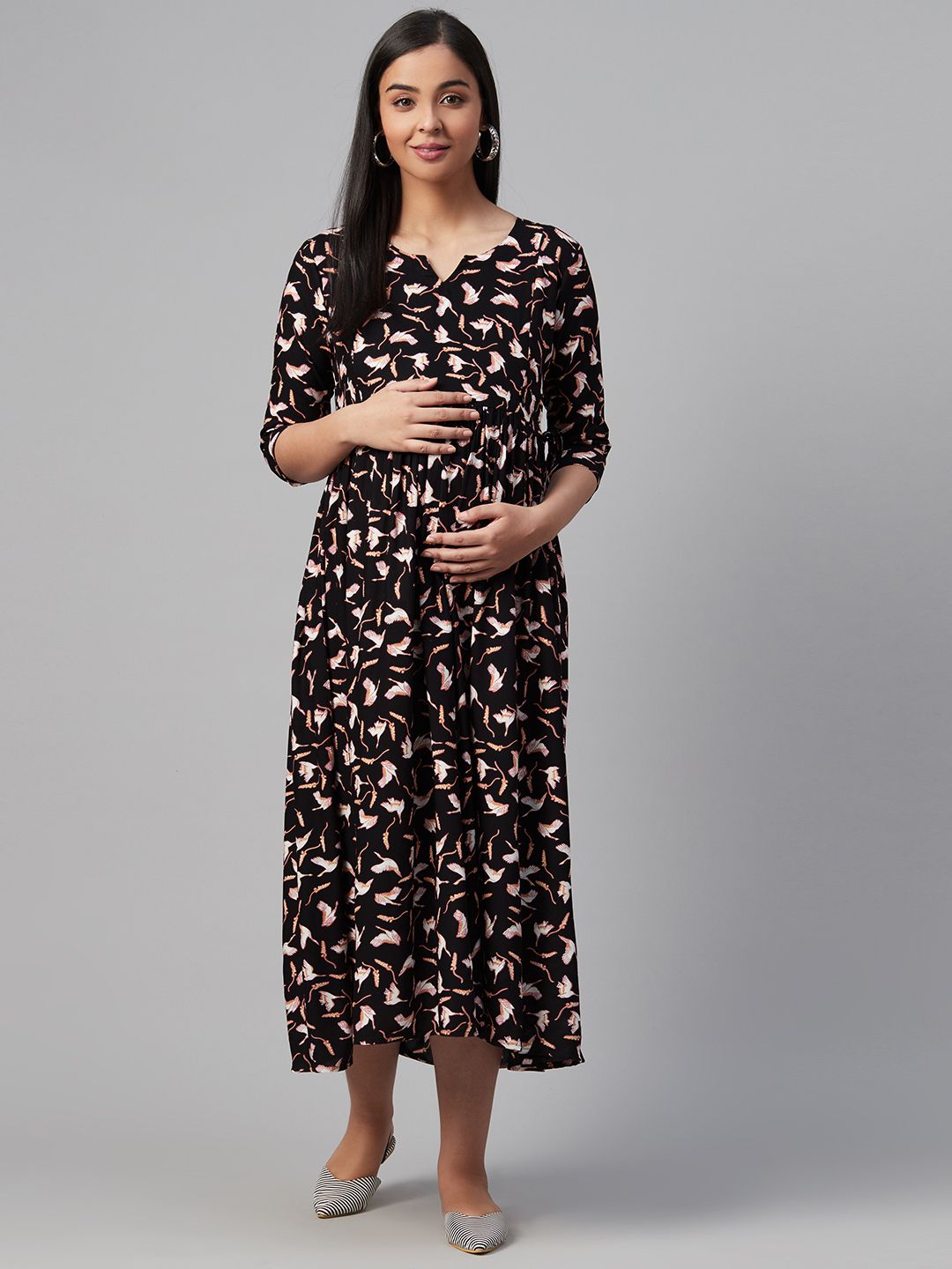 Dhiyona AY Women's Black & Off-White Printed Maternity A-Line Dress