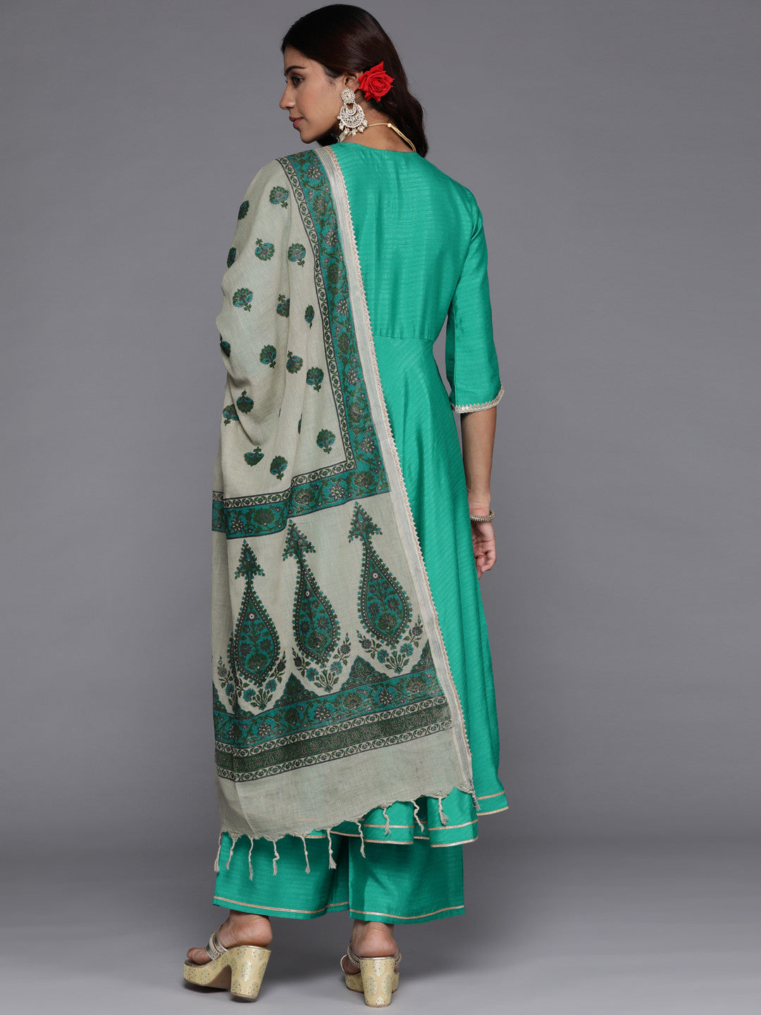 Womens Green Solid Anarkali Kurta With Palazzos & Dupatta