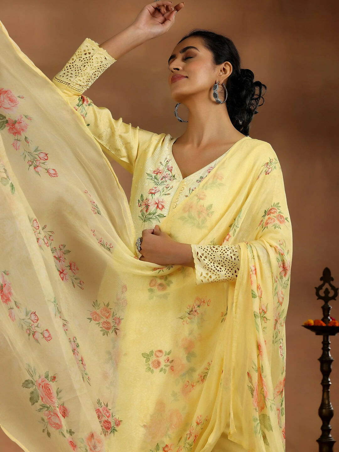 Women's LB Yellow Printed Silk Blend Straight Suit With Dupatta