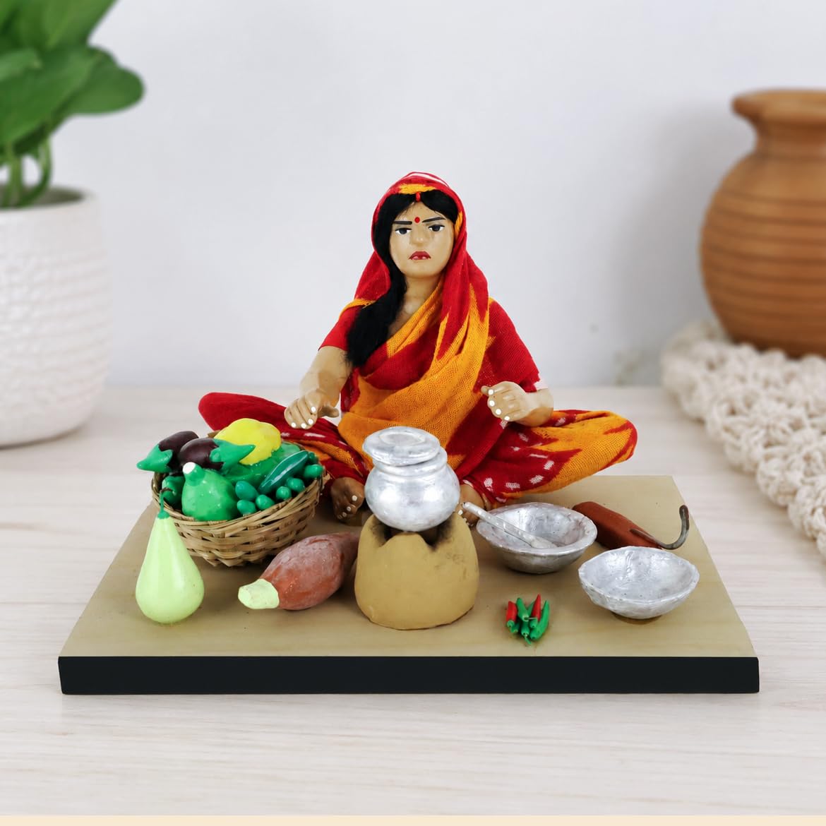 Niharika Collections Krishnanagar Handmade Terracotta Clay Idol, Mother Cooking Figurine, Sitting Human Figure Miniature, Traditional Indian Art Home Décor, Golu Display & Gifting, 15 x 10 x 10 cm