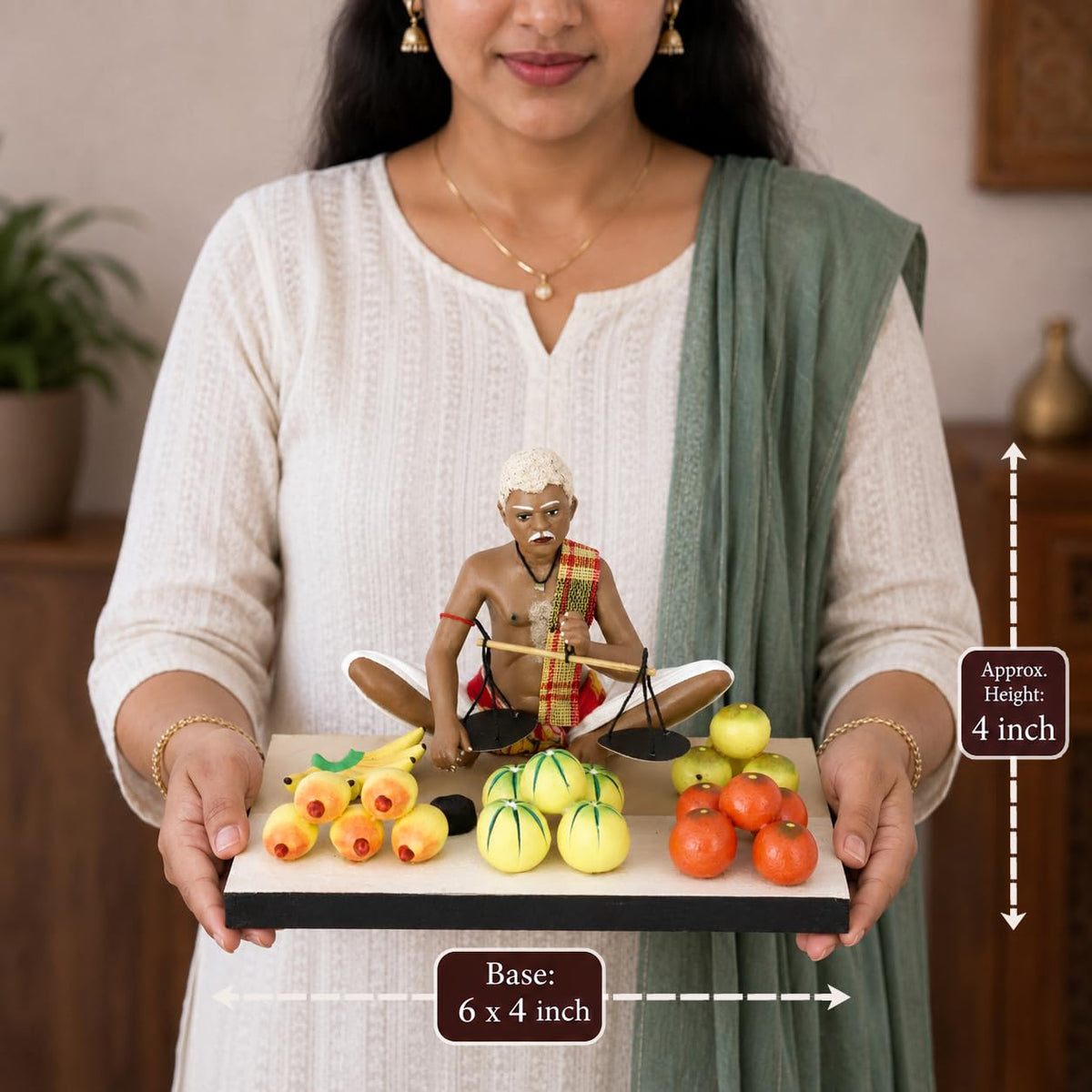 Niharika Collections Krishnanagar Handmade Clay Fruit Seller Idol, Sitting Human Figure Miniature,Hand-Painted Indian Art, Multicolour Home Décor,Golu Display & Gifting-15.2 x 10.2 x 10.2 cm