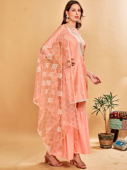 Dhiyona AN Orange Floral Embroidered Mirror Work Chanderi Cotton Kurta With Sharara & Dupatta
