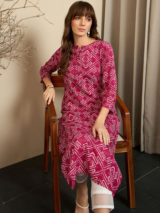 Dhiyona IE Pink Geometric Printed Notch Neck Straight Kurta