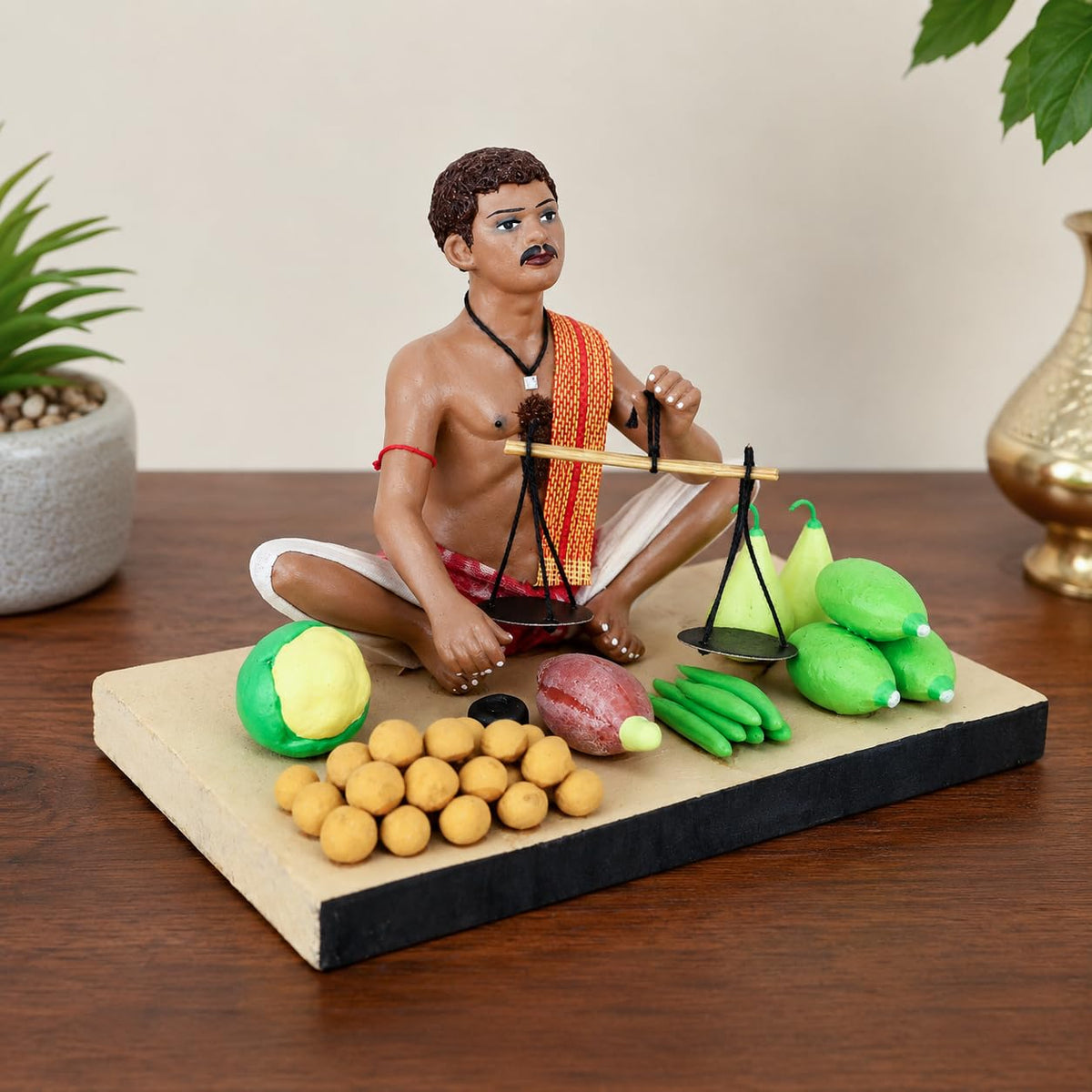 Niharika Collections Krishnanagar Handmade Terracotta Clay Idol, Vegetable Seller Figurine, Sitting Human Figure Miniature, Traditional Indian Art Home Décor, Golu Display & Gifting, 15 x 10 x 10 cm