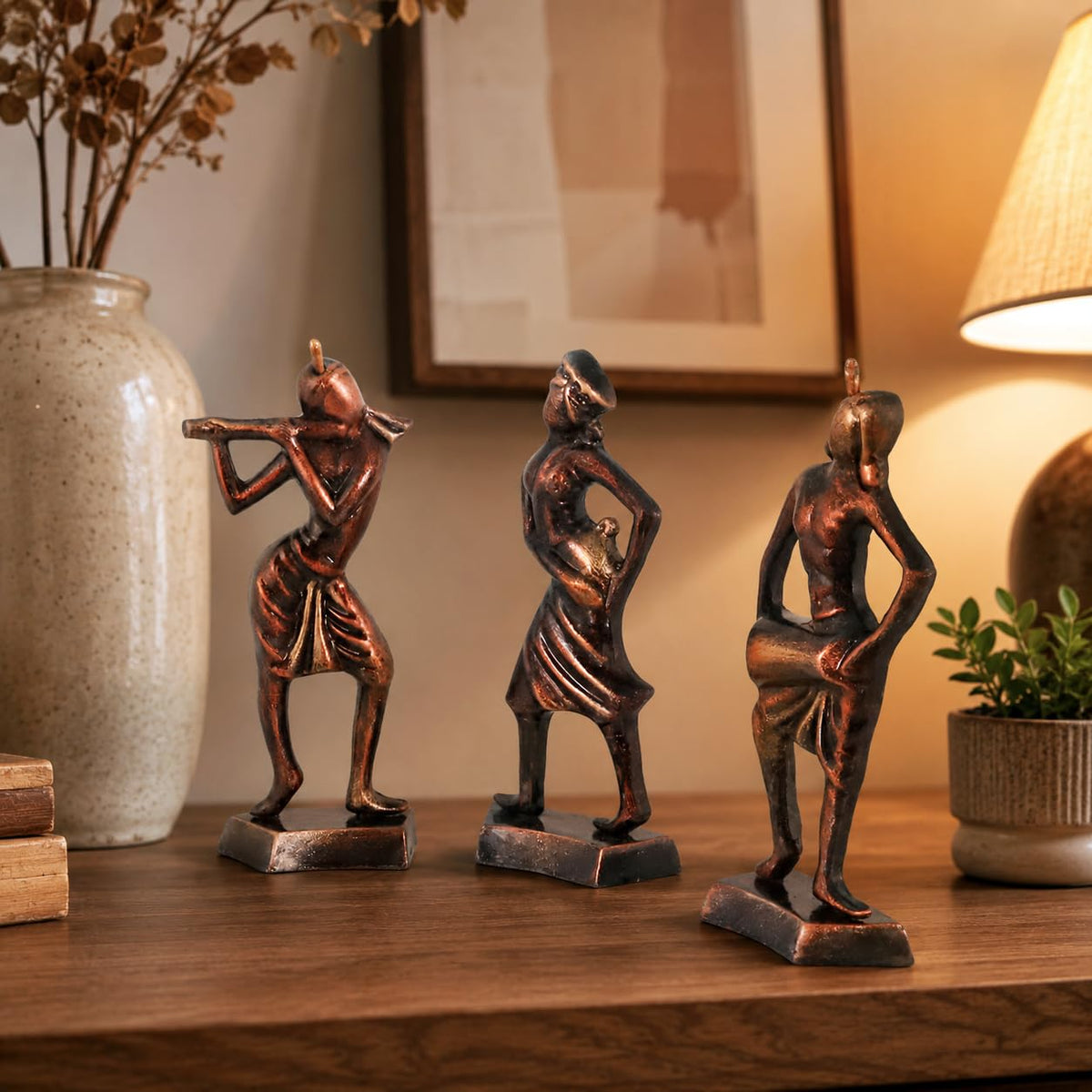 Niharika Collections Handmade Clay Terracotta Abstract Sculpture | Home Décor & Gift | Cultural Art | Tribal Dance Group Idol (Bronze Color, Set of 3)