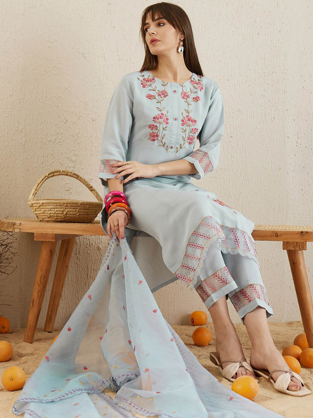 Round Neck Floral Embroidered Regular Thread Work Straight Kurta Set