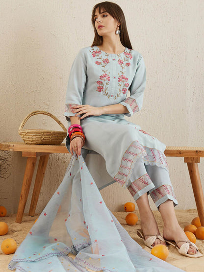 Round Neck Floral Embroidered Regular Thread Work Straight Kurta Set