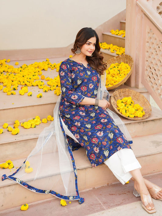 Dhiyona KL Floral Printed Gotta Patti Detail Straight Kurta & Trousers With Dupatta