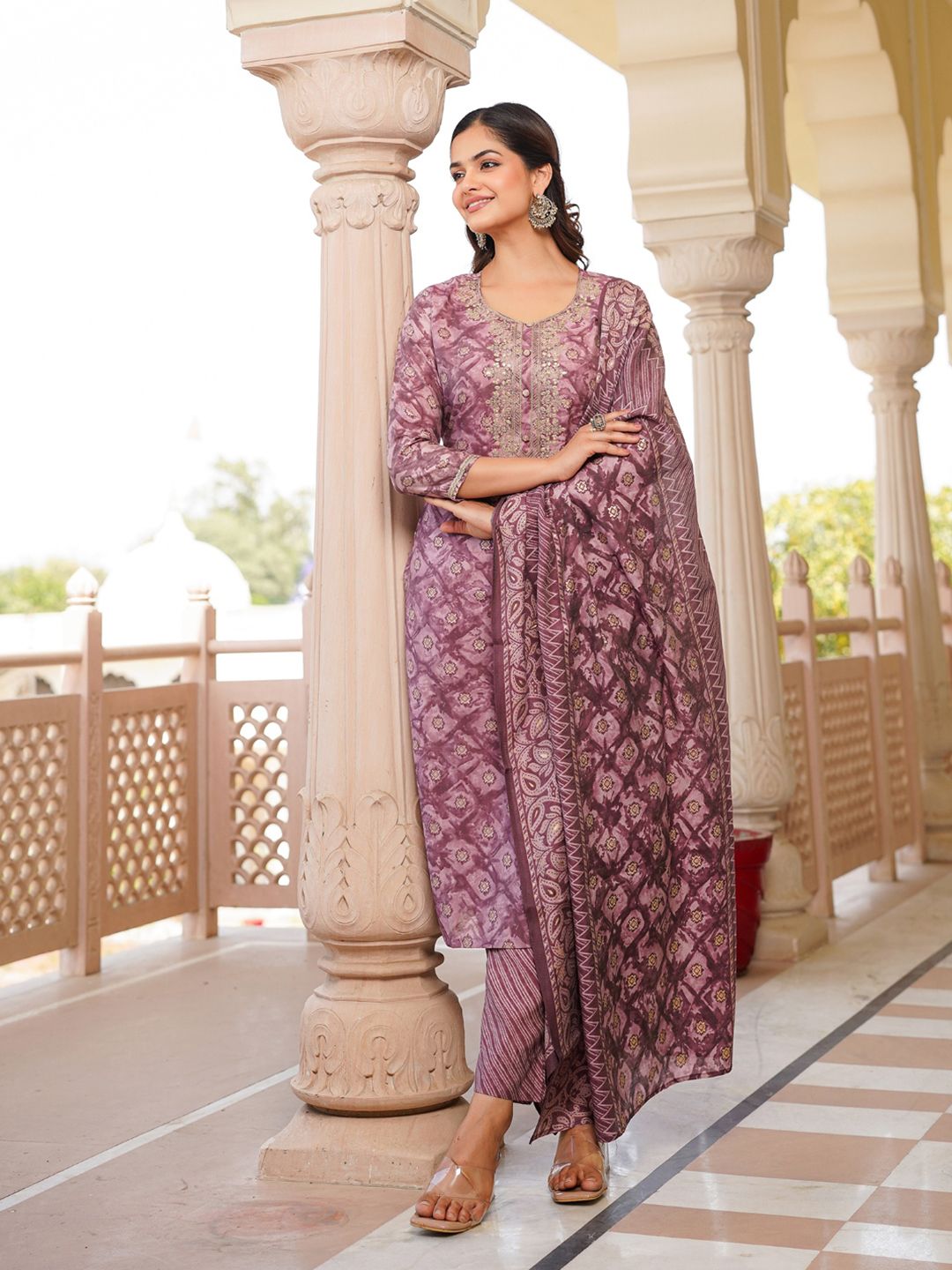Dhiyona KL Ethnic Motifs Zari Embroidered Straight Kurta With Trousers & Dupatta