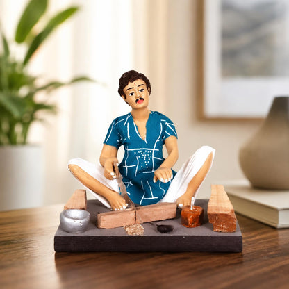 Niharika Collections Krishnanagar Handmade Clay Gift & Décor | Basic- Sitting Human Figure Miniature Idol - Carpenter
