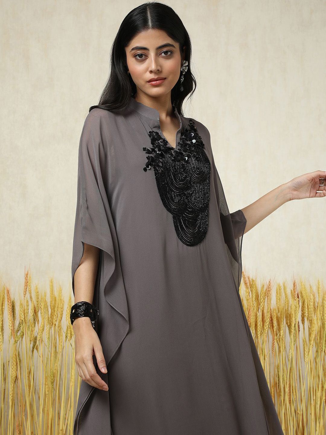 Dhiyona SO Women's Floral Yoke Design Mandarin Collar Beads Work Georgette Kurta & Palazzos & Inner
