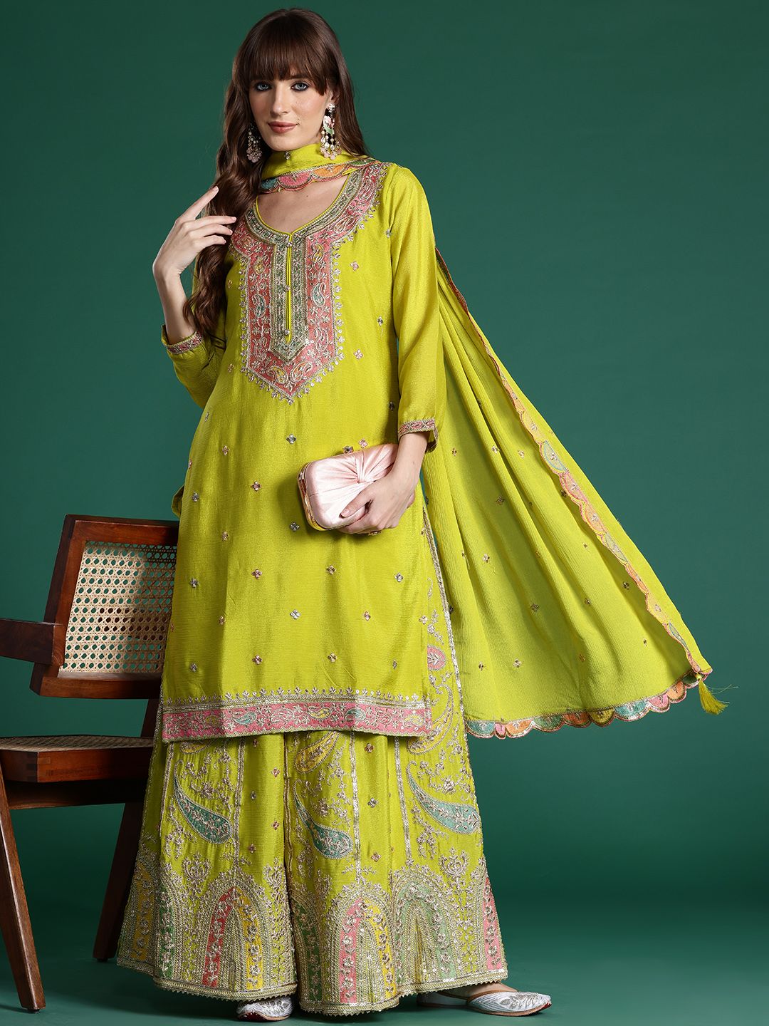 Dhiyona IE Paisley Embroidered Sequinned Kurta with Palazzos & With Dupatta