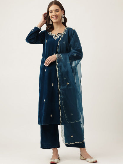 Dhiyona KL Floral Embroidered Beads and Stones Velvet Kurta With Palazzos & Dupatta