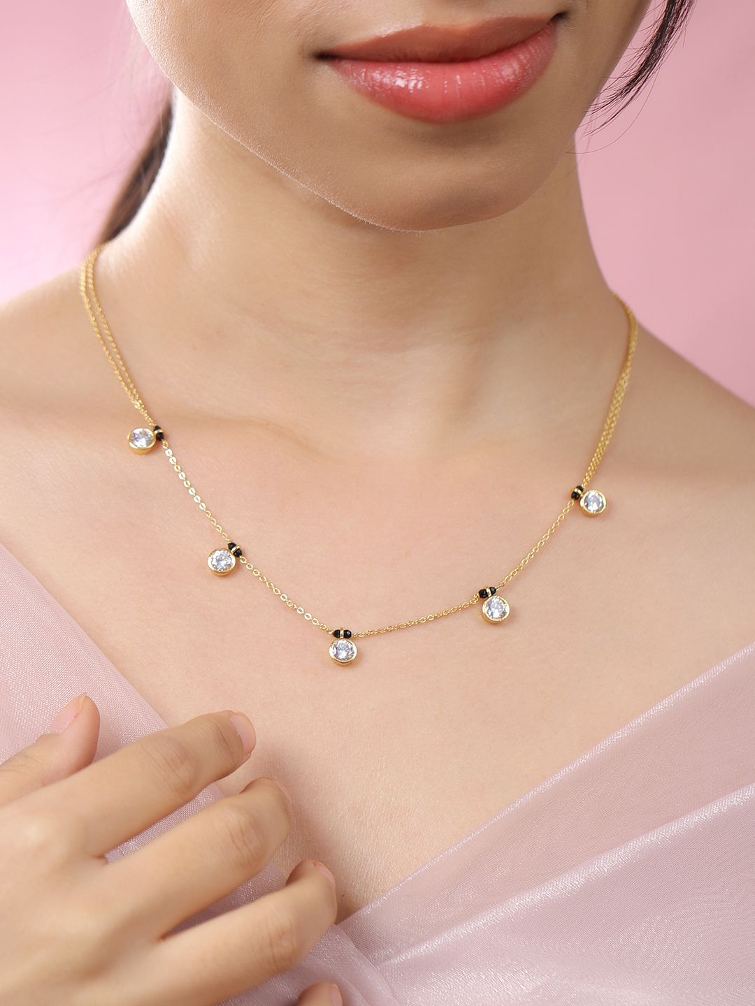 Dhiyona RJ Women's 18K Gold-Plated Cubic Zirconia Studded Minimal Mangalsutra with Black Beaded Chain