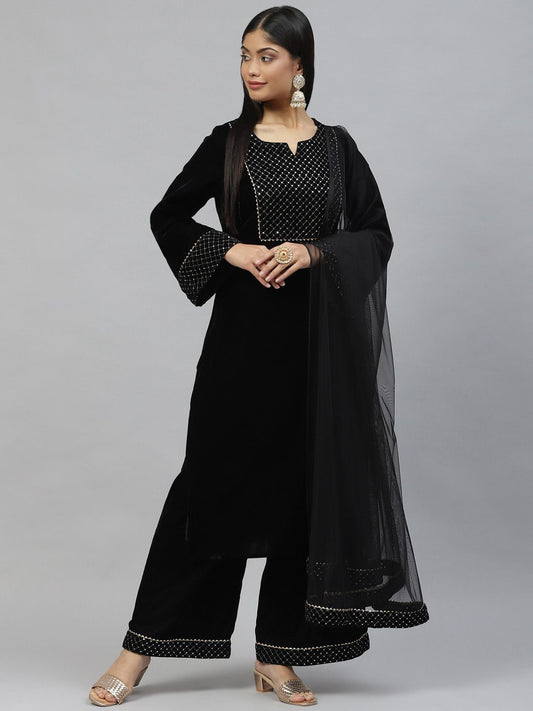 Dhiyona KL Yoke Designed Regular Sequinned Velvet Kurta with Palazzos & Dupatta