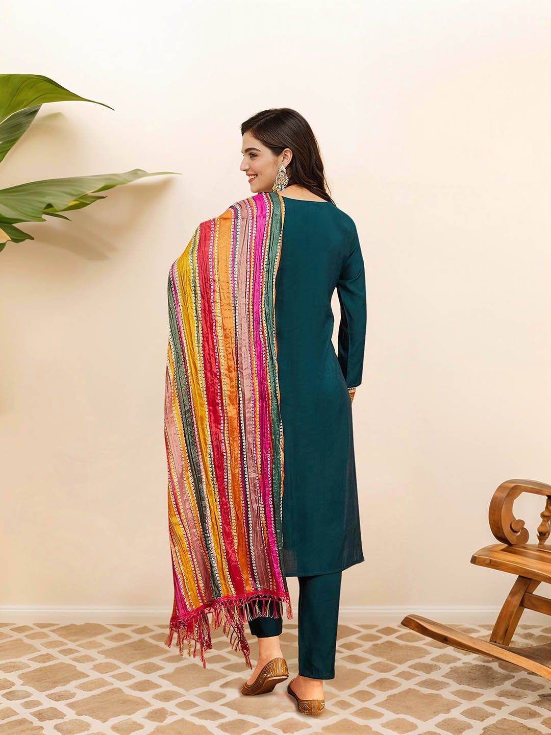 Dhiyona IS Women's Ethnic Motifs Embroidered Pure Cotton Straight Kurta with Trousers & Dupatta