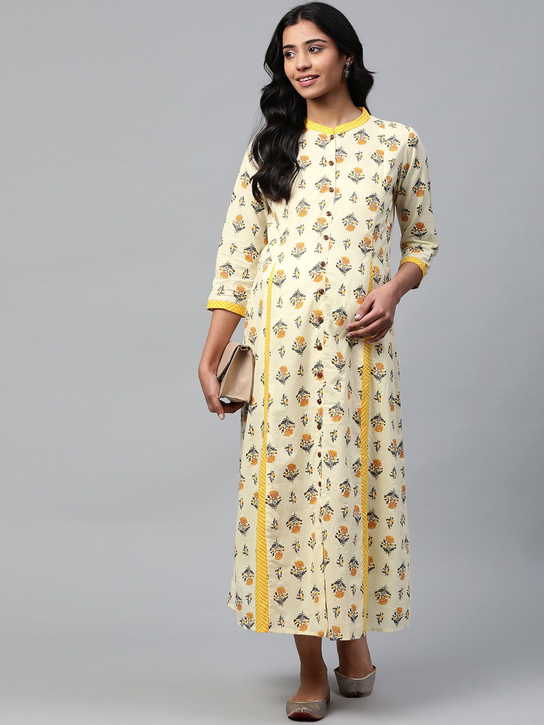 Dhiyona AY Women's Yellow Block Print Pure Cotton Maxi Nursing Dress