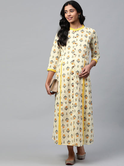 Dhiyona AY Women's Yellow Block Print Pure Cotton Maxi Nursing Dress