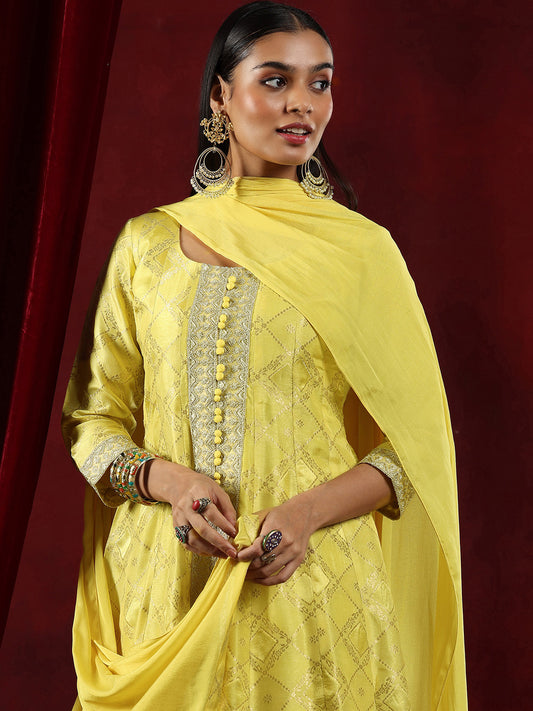 Floral Printed Woven Design Zari Detailing A-Line Kurta With Palazzos & Dupatta