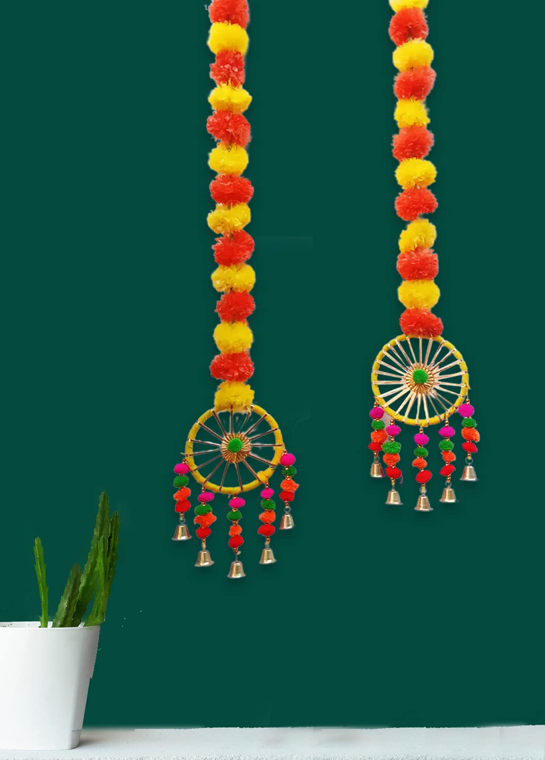 Artificial Marigold Fluffy Flowers Garland String with Bells Ring Pom Pom Rajasthani Wall Door Hanging Latkans Handmade Toran Decoration 2.9 Ft Height (2 Piece)