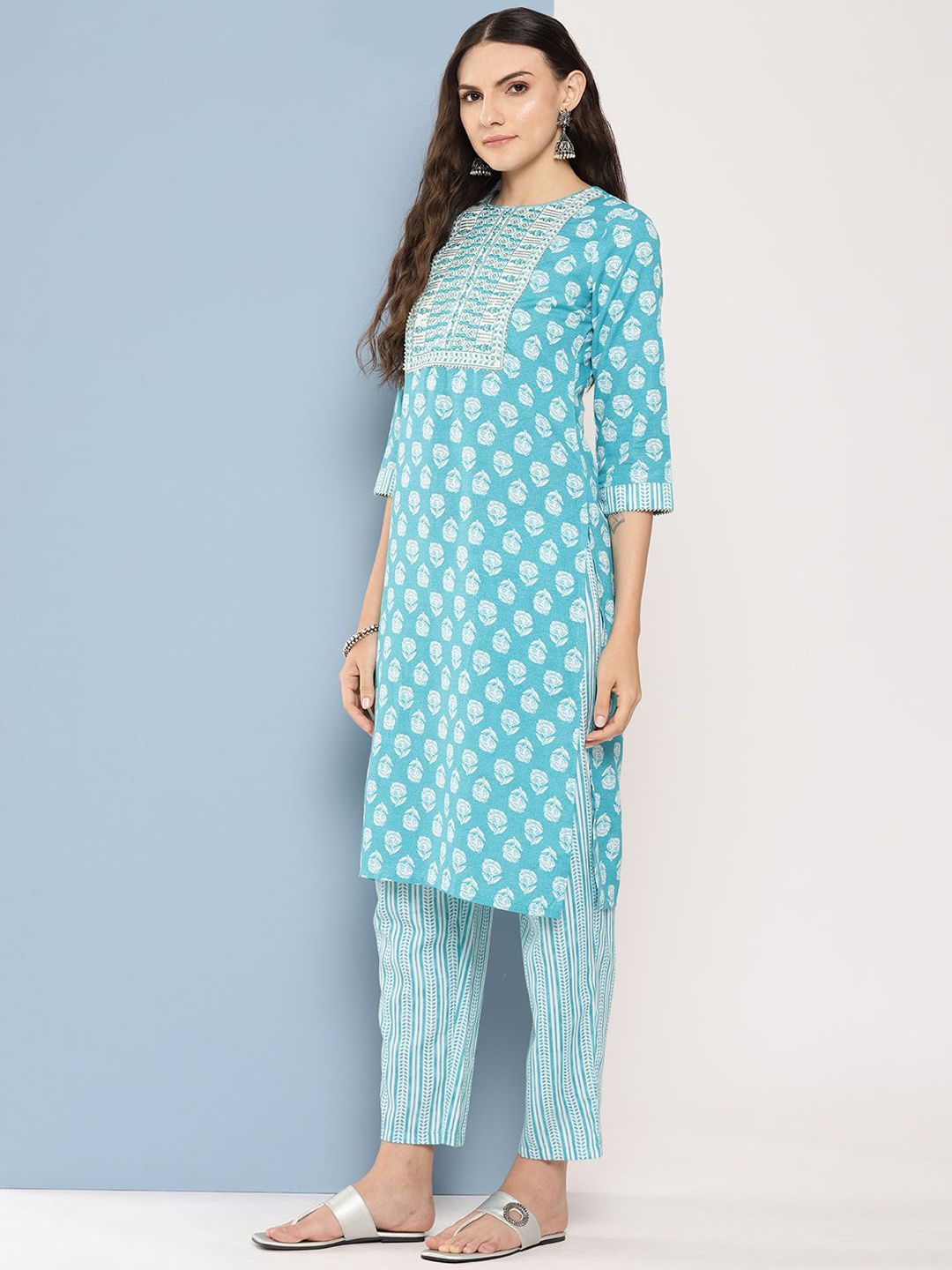 Dhiyona IE Floral Printed Sequinned Pure Cotton Straight Kurta With Trousers & Dupatta