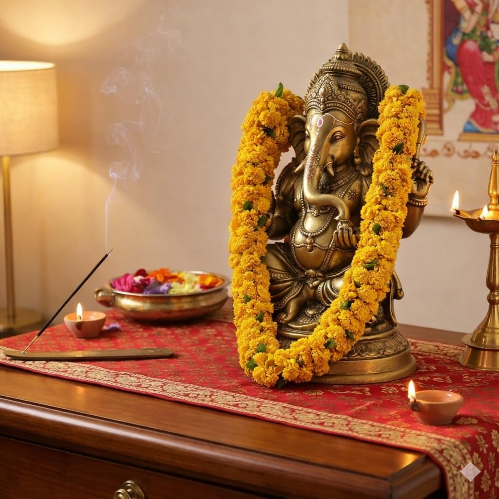 Shevanti Yellow Flower Garland for Pooja Mandir Decoration, Hanging Mala for Photo Frame, Haar Mala for God Idols, Photo Frames of Loved Ones, Ancestors, Pitra (40 inch)