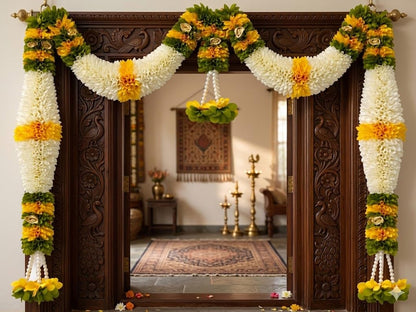 Yellow & Green Hanging Artificial Flower Toran for Main Door Entrance, Reusable Thoran for Pooja Mandir, Living Room & Home Décor, Bandarwal for Festival Decoration (42x25 inch)
