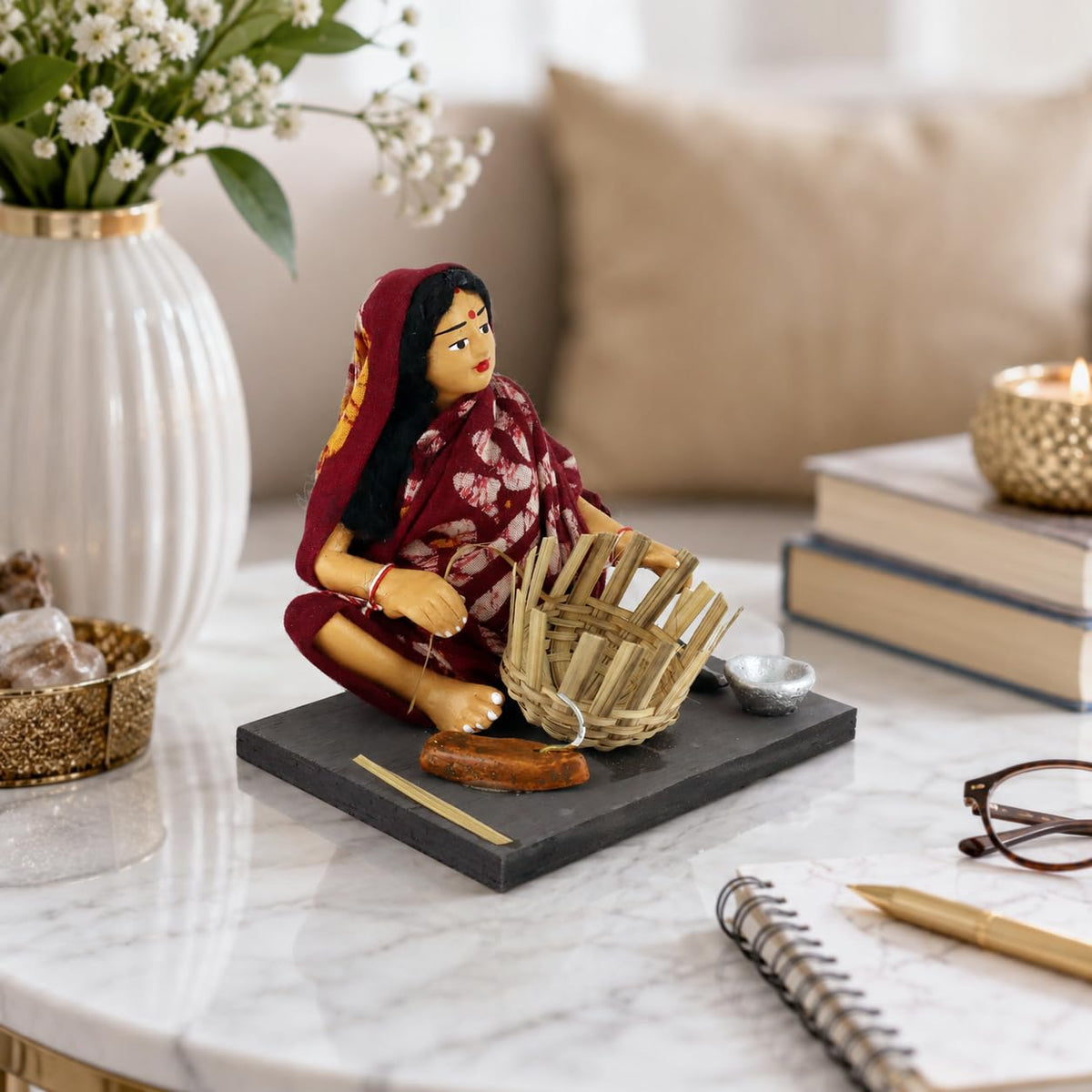Niharika Collections Krishnanagar Handmade Terracotta Clay Woman Basket Maker Miniature Idol Basic | Traditional Indian Home Decor, Golu Display and Gifting
